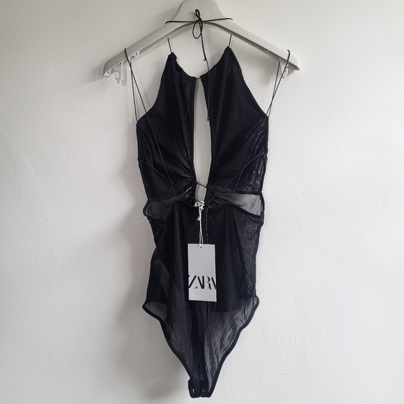 New Zara Halter Sheer Stretch Open Back/Shoulders Cut Outs Black Tulle Bodysuit - Picture 15 of 16